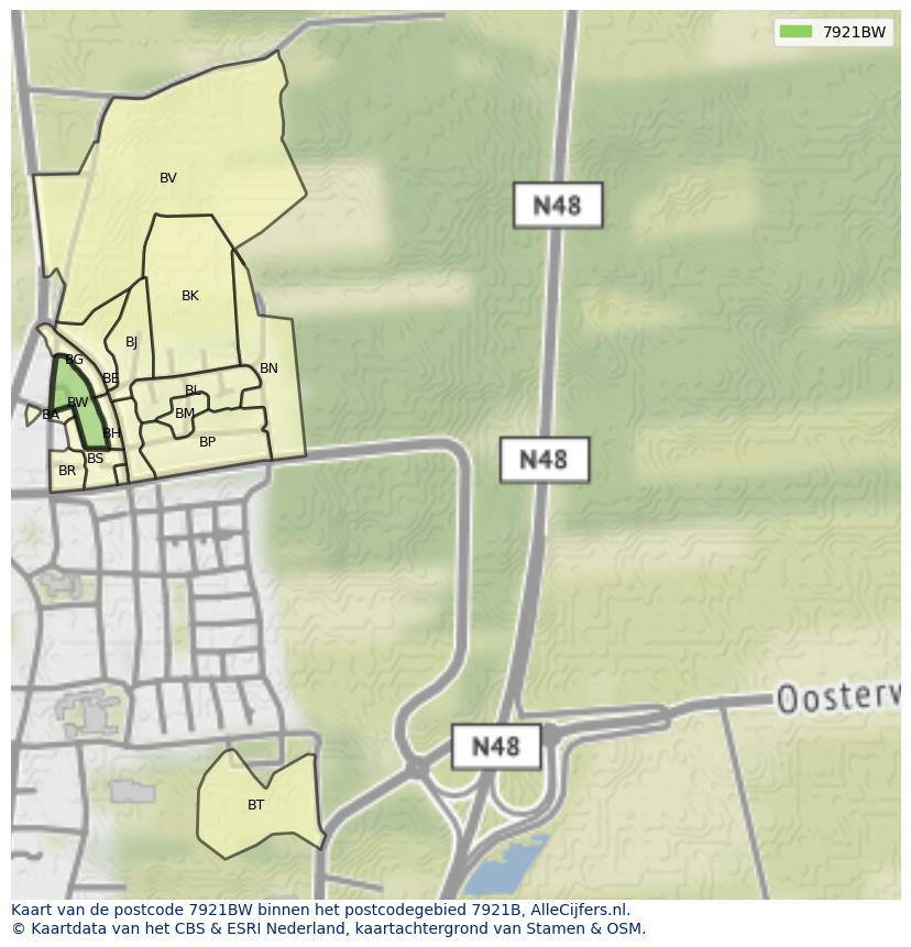 Afbeelding van het postcodegebied 7921 BW op de kaart.