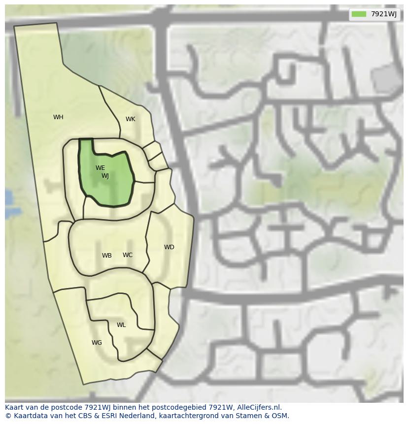Afbeelding van het postcodegebied 7921 WJ op de kaart.