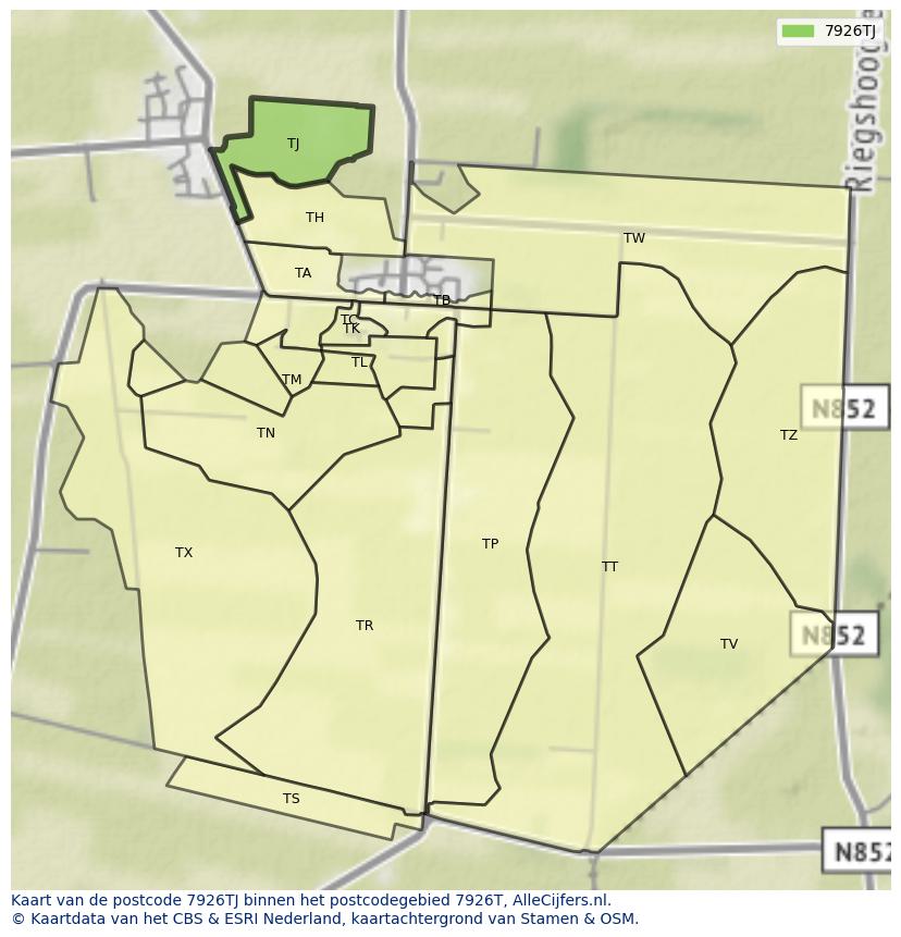 Afbeelding van het postcodegebied 7926 TJ op de kaart.