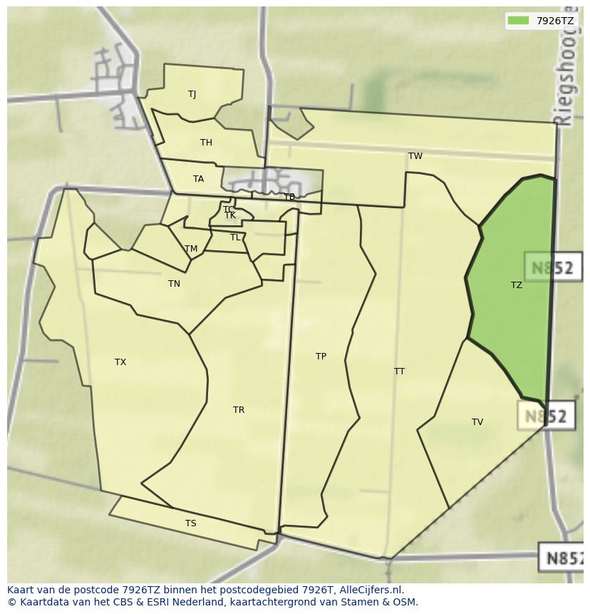 Afbeelding van het postcodegebied 7926 TZ op de kaart.