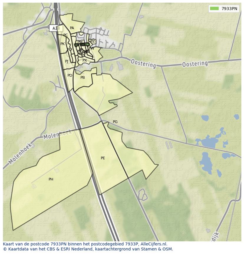Afbeelding van het postcodegebied 7933 PN op de kaart.