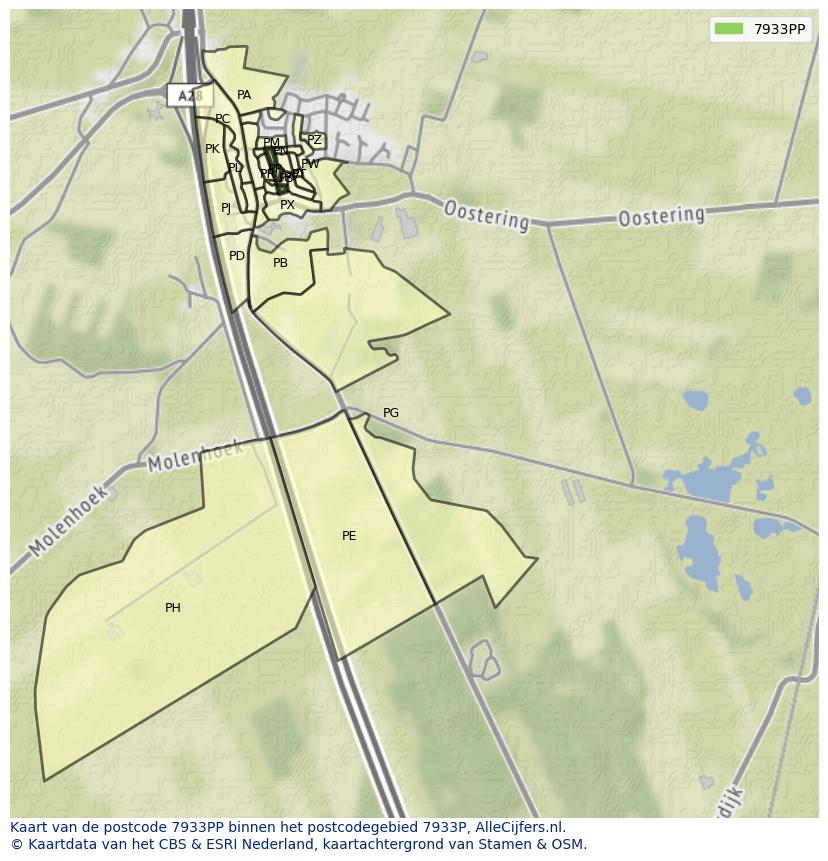 Afbeelding van het postcodegebied 7933 PP op de kaart.