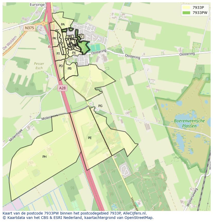 Afbeelding van het postcodegebied 7933 PW op de kaart.