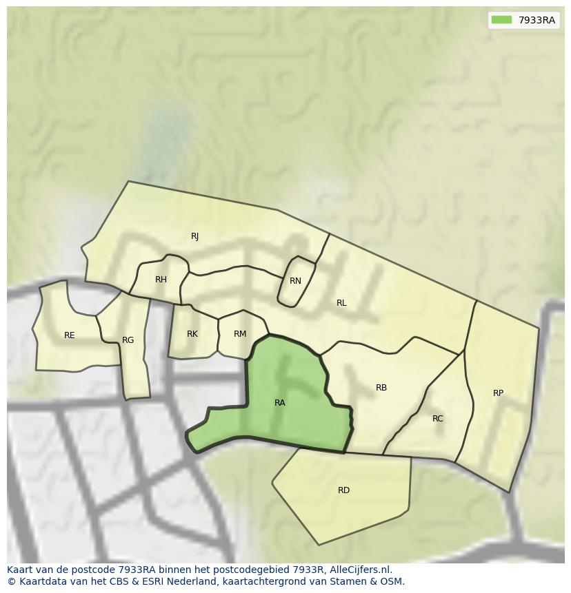 Afbeelding van het postcodegebied 7933 RA op de kaart.
