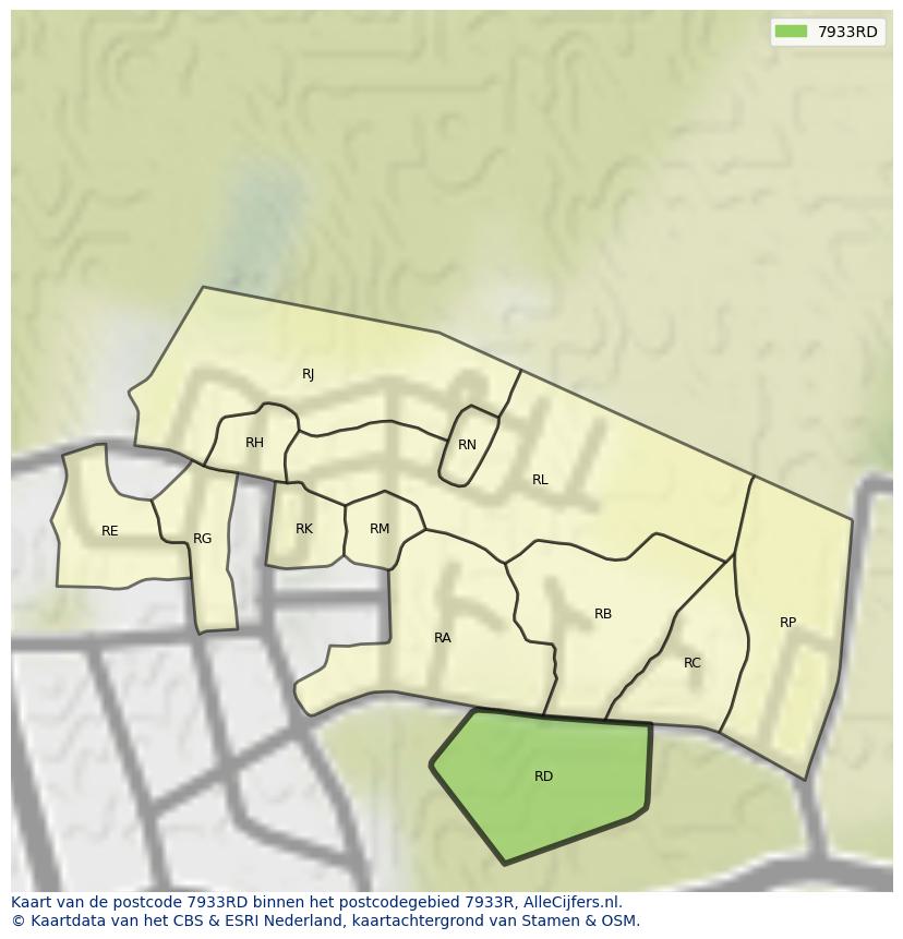 Afbeelding van het postcodegebied 7933 RD op de kaart.