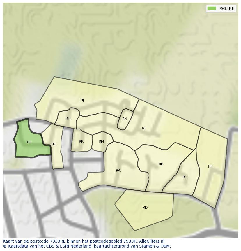 Afbeelding van het postcodegebied 7933 RE op de kaart.