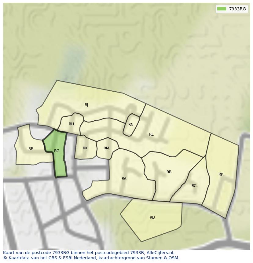 Afbeelding van het postcodegebied 7933 RG op de kaart.