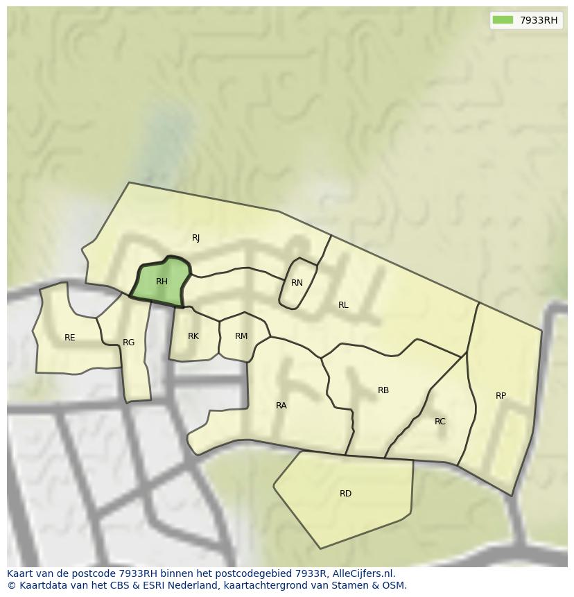 Afbeelding van het postcodegebied 7933 RH op de kaart.