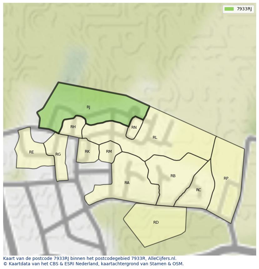 Afbeelding van het postcodegebied 7933 RJ op de kaart.