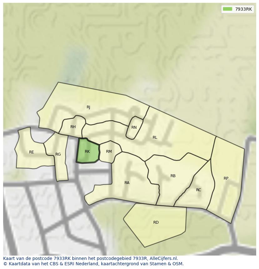 Afbeelding van het postcodegebied 7933 RK op de kaart.