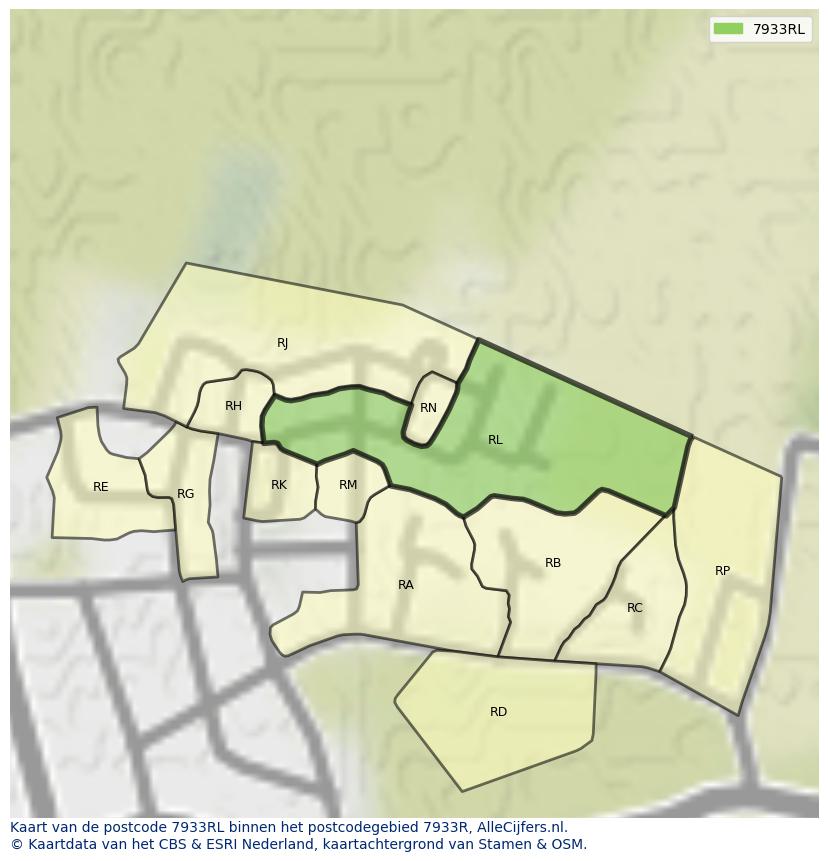 Afbeelding van het postcodegebied 7933 RL op de kaart.
