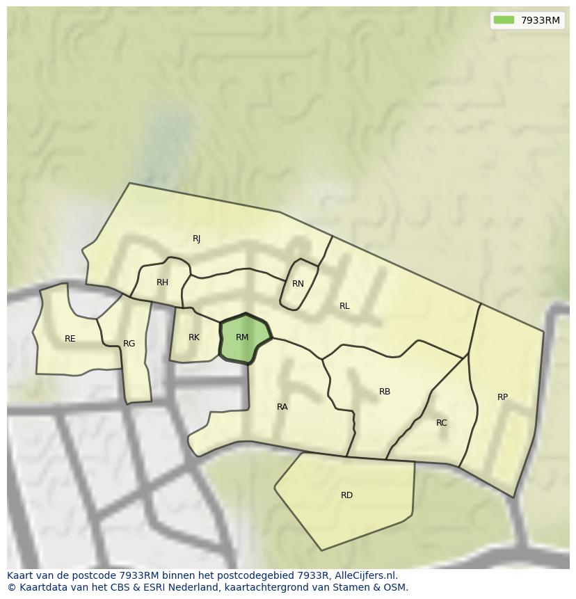 Afbeelding van het postcodegebied 7933 RM op de kaart.
