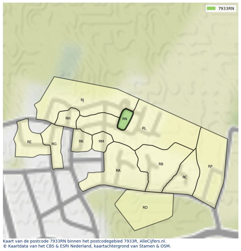 Afbeelding van het postcodegebied 7933 RN op de kaart.