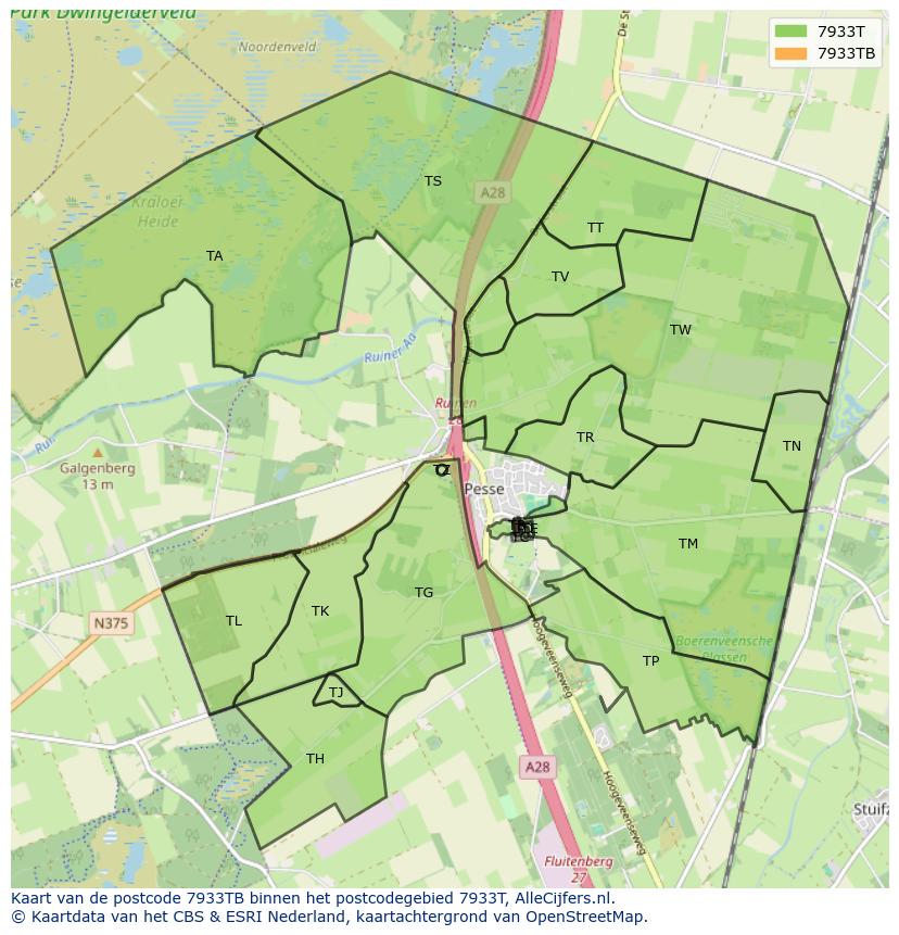 Afbeelding van het postcodegebied 7933 TB op de kaart.