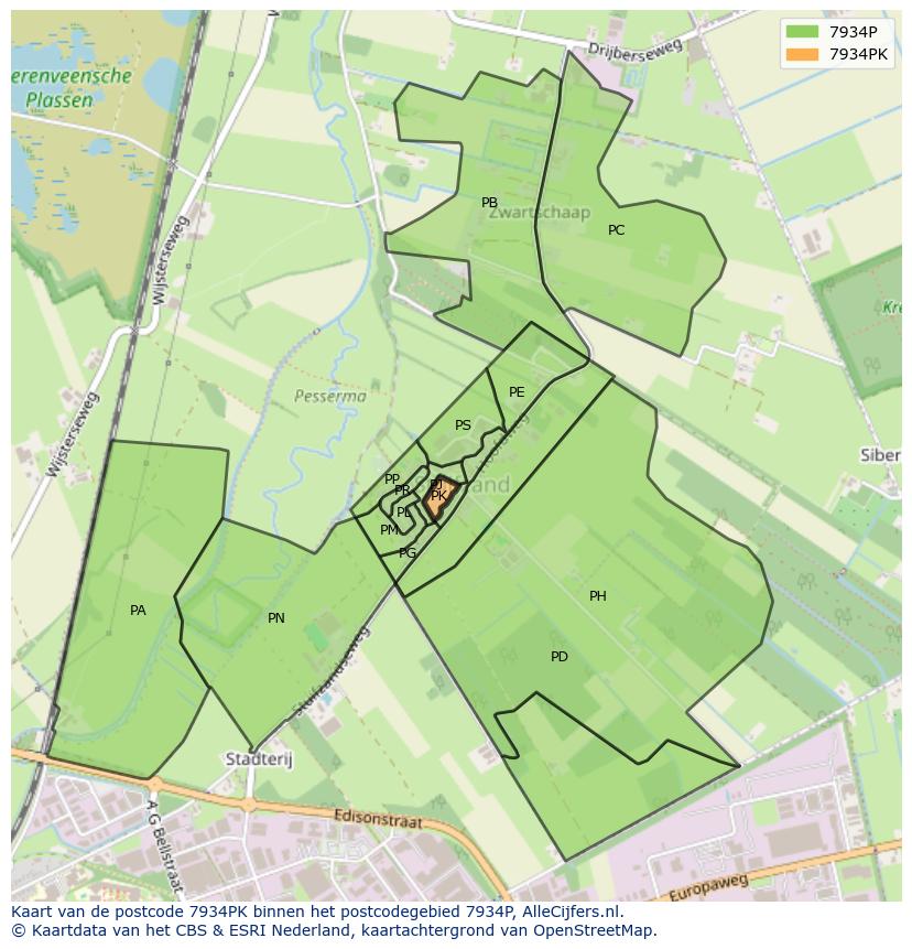 Afbeelding van het postcodegebied 7934 PK op de kaart.