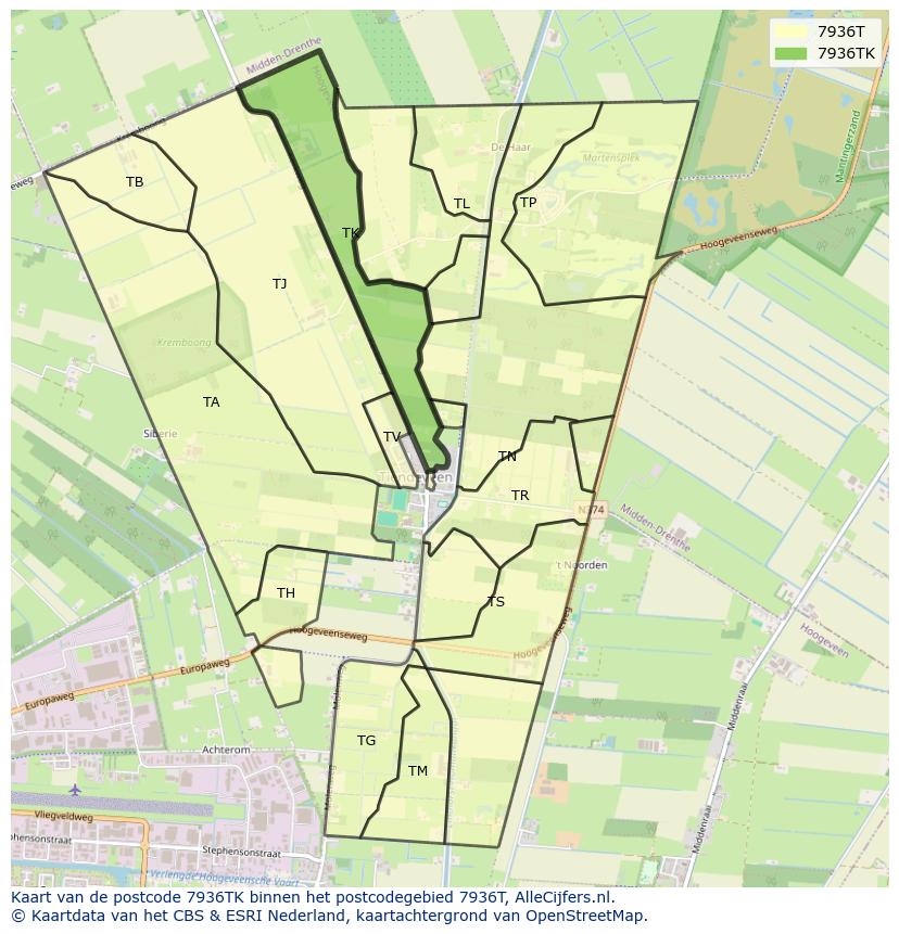 Afbeelding van het postcodegebied 7936 TK op de kaart.