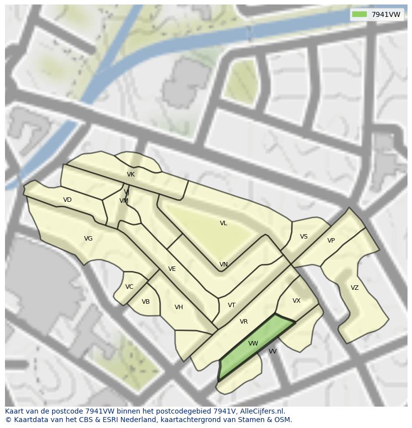 Afbeelding van het postcodegebied 7941 VW op de kaart.