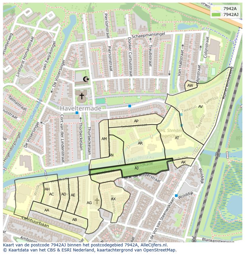Afbeelding van het postcodegebied 7942 AJ op de kaart.