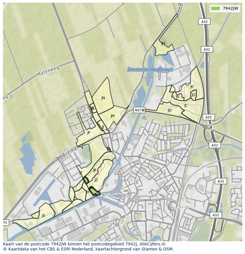 Afbeelding van het postcodegebied 7942 JW op de kaart.