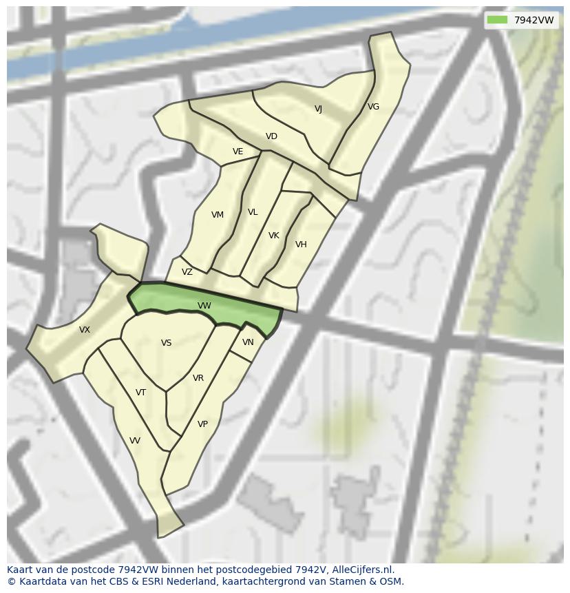 Afbeelding van het postcodegebied 7942 VW op de kaart.