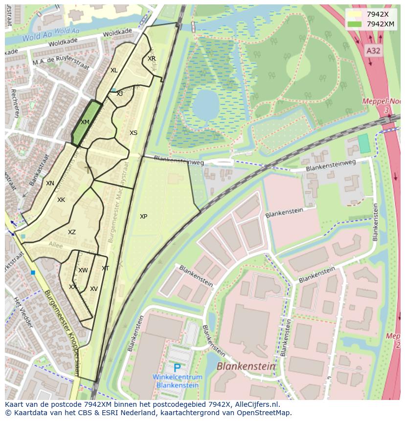 Afbeelding van het postcodegebied 7942 XM op de kaart.