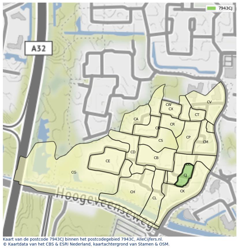 Afbeelding van het postcodegebied 7943 CJ op de kaart.