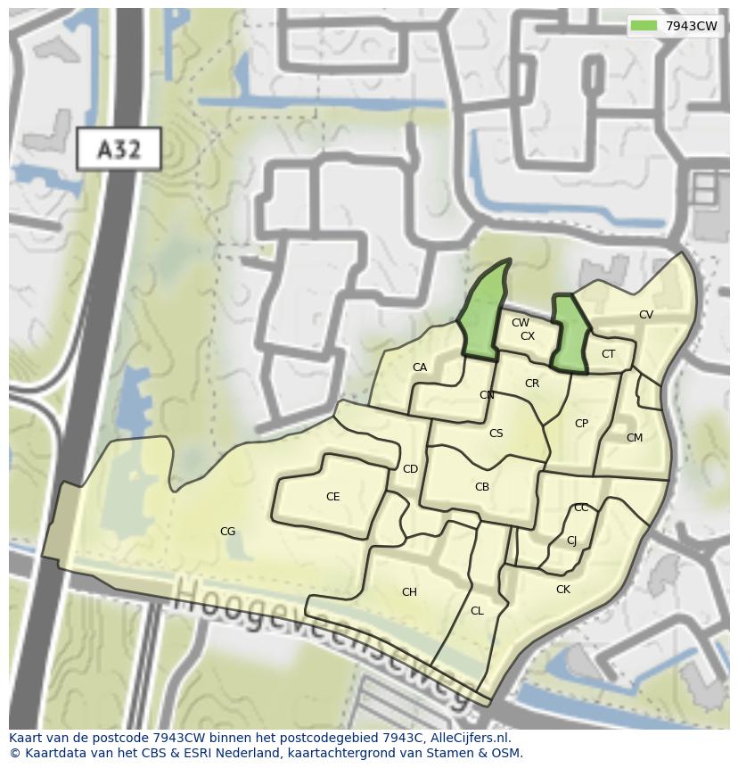 Afbeelding van het postcodegebied 7943 CW op de kaart.