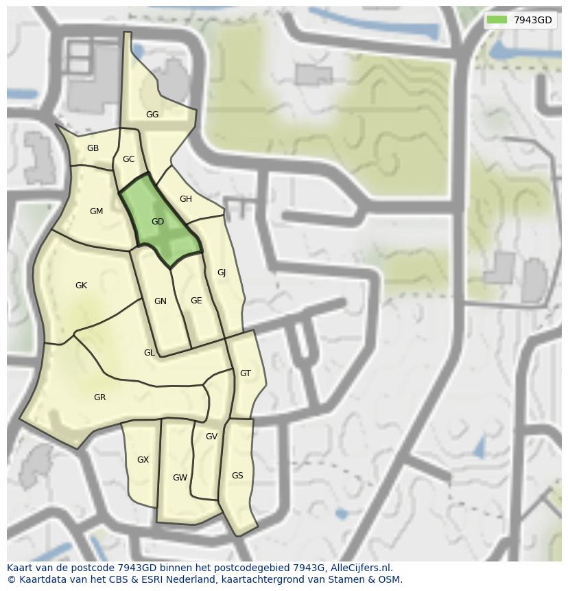 Afbeelding van het postcodegebied 7943 GD op de kaart.