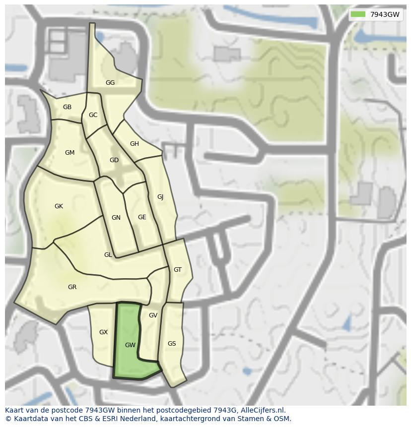 Afbeelding van het postcodegebied 7943 GW op de kaart.