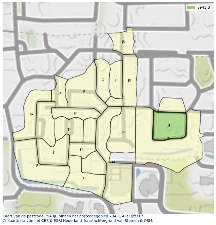 Afbeelding van het postcodegebied 7943 JB op de kaart.