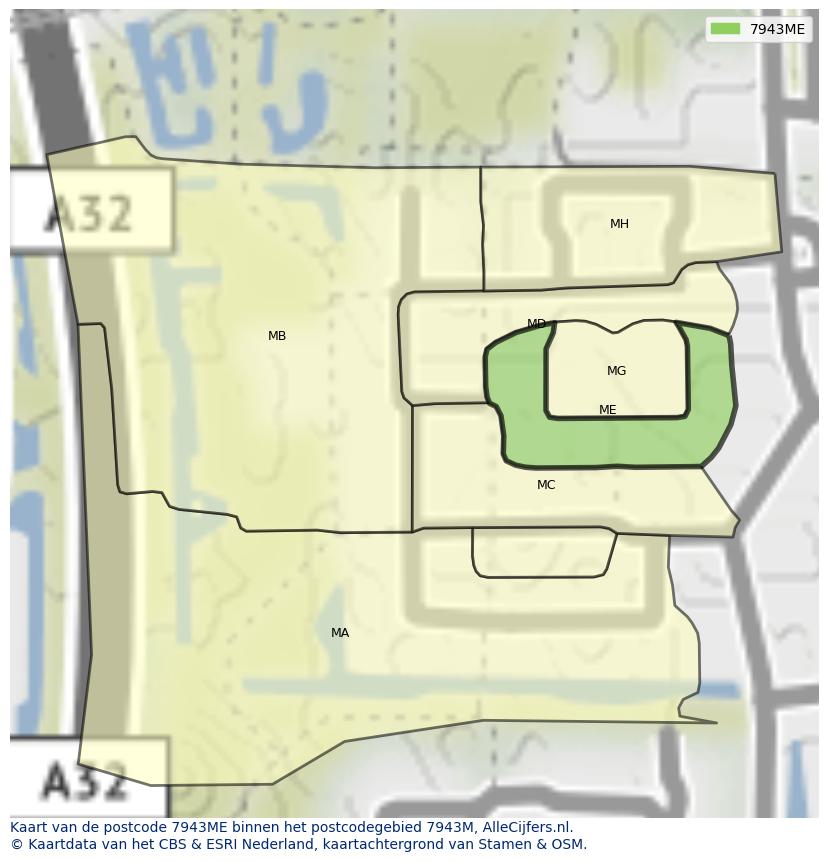 Afbeelding van het postcodegebied 7943 ME op de kaart.