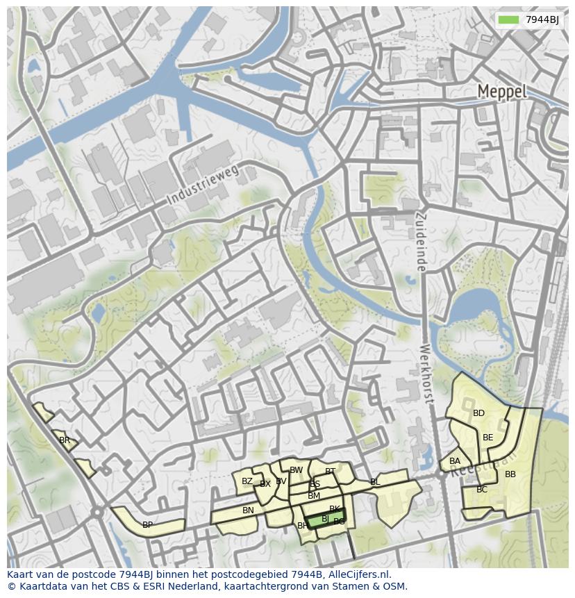 Afbeelding van het postcodegebied 7944 BJ op de kaart.