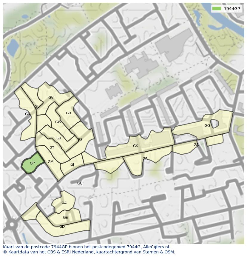 Afbeelding van het postcodegebied 7944 GP op de kaart.