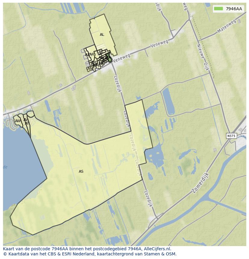 Afbeelding van het postcodegebied 7946 AA op de kaart.