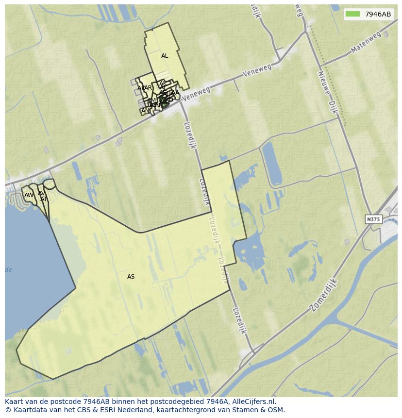 Afbeelding van het postcodegebied 7946 AB op de kaart.