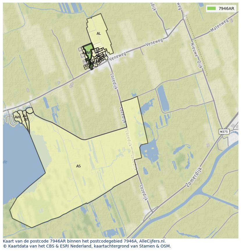 Afbeelding van het postcodegebied 7946 AR op de kaart.