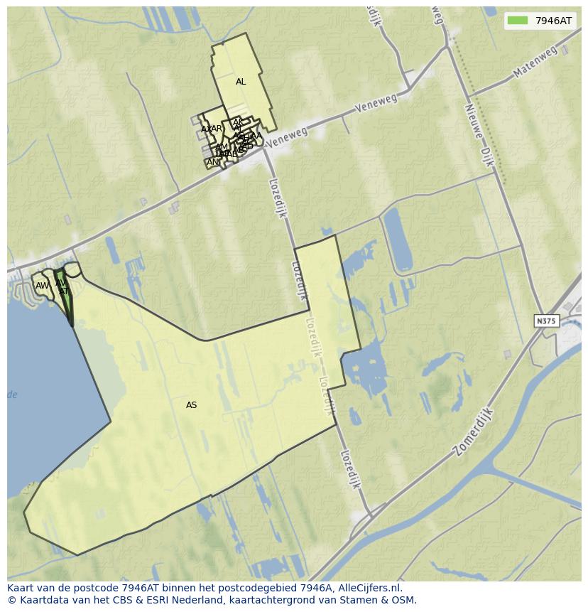 Afbeelding van het postcodegebied 7946 AT op de kaart.