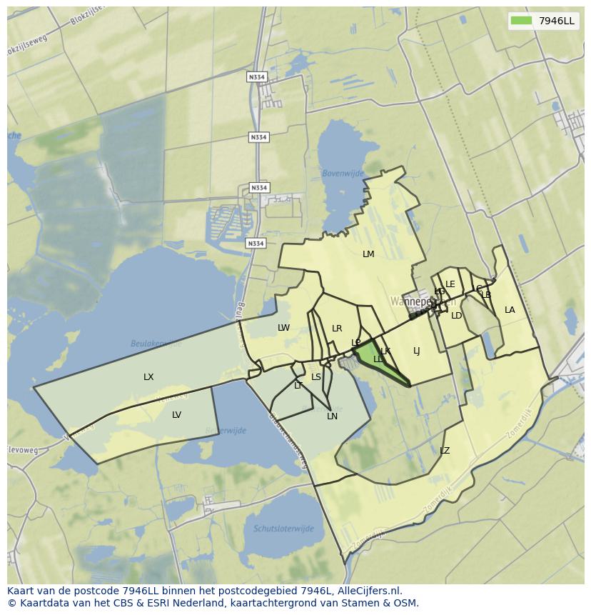 Afbeelding van het postcodegebied 7946 LL op de kaart.
