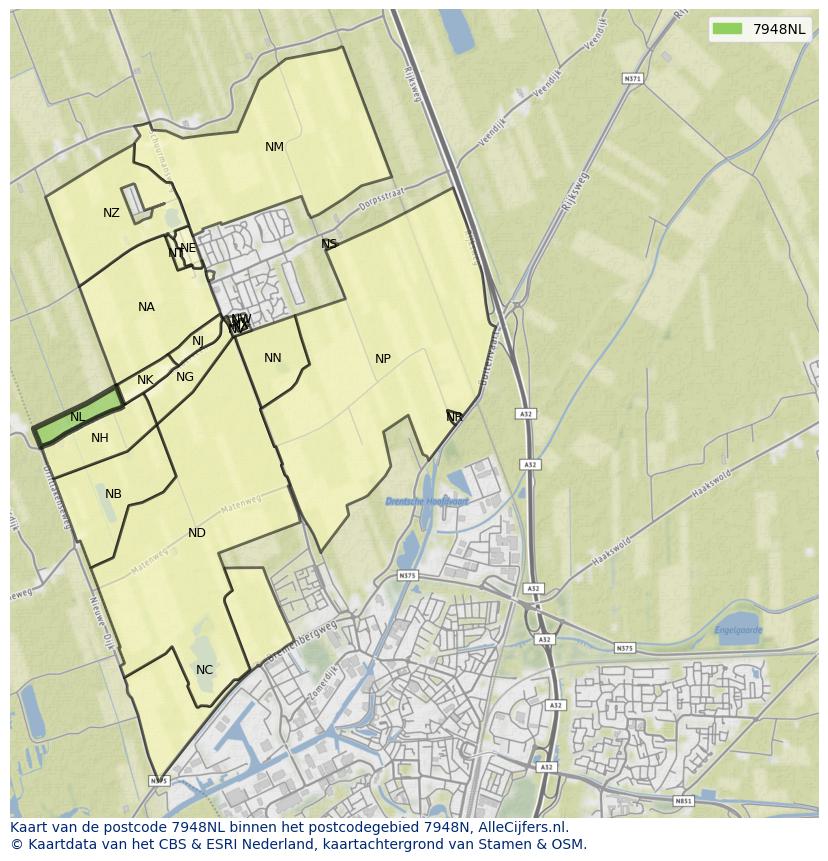 Afbeelding van het postcodegebied 7948 NL op de kaart.