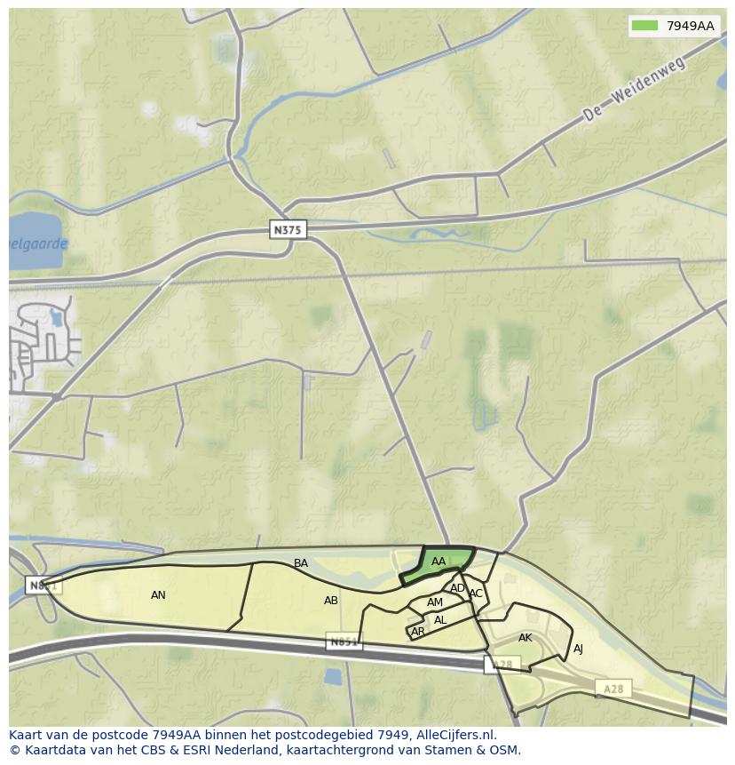 Afbeelding van het postcodegebied 7949 AA op de kaart.