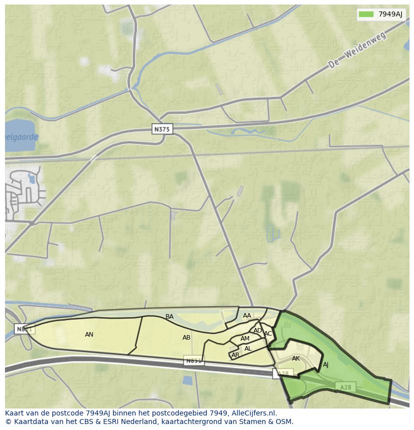 Afbeelding van het postcodegebied 7949 AJ op de kaart.