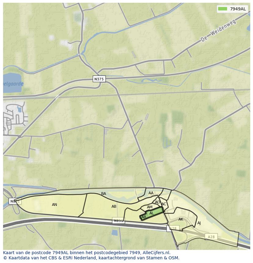 Afbeelding van het postcodegebied 7949 AL op de kaart.