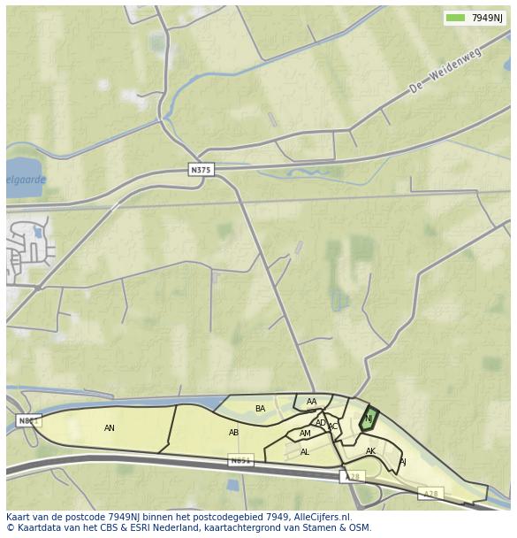 Afbeelding van het postcodegebied 7949 NJ op de kaart.