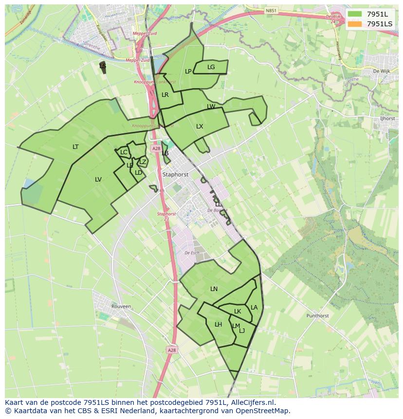 Afbeelding van het postcodegebied 7951 LS op de kaart.
