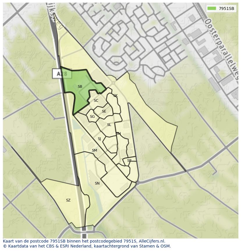 Afbeelding van het postcodegebied 7951 SB op de kaart.