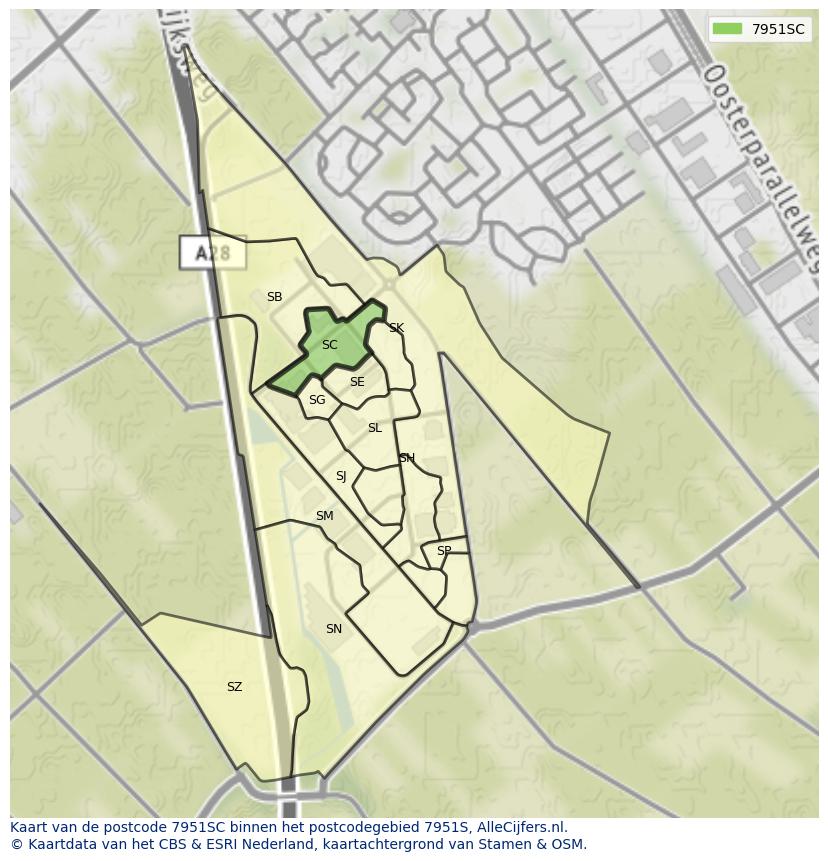 Afbeelding van het postcodegebied 7951 SC op de kaart.
