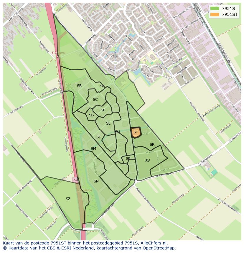 Afbeelding van het postcodegebied 7951 ST op de kaart.