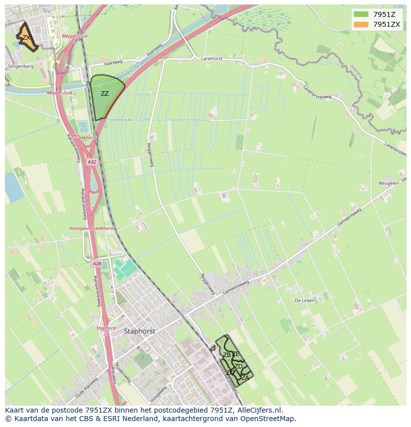 Afbeelding van het postcodegebied 7951 ZX op de kaart.