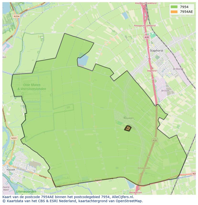 Afbeelding van het postcodegebied 7954 AE op de kaart.