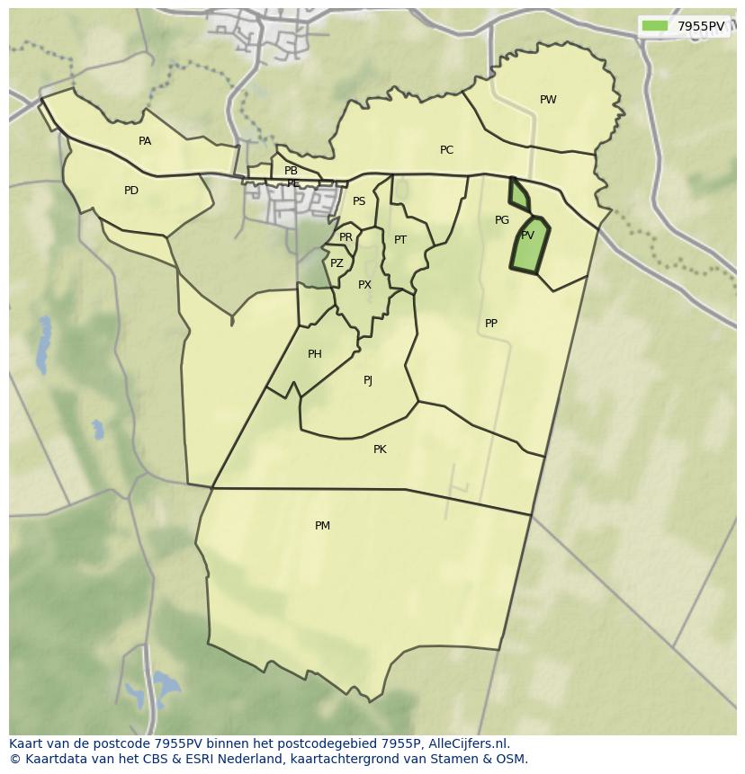 Afbeelding van het postcodegebied 7955 PV op de kaart.